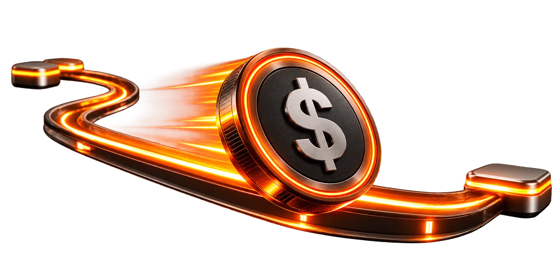 A dollar coin gliding along a steady glowing track, a stablecoin holding its value against the dollar.