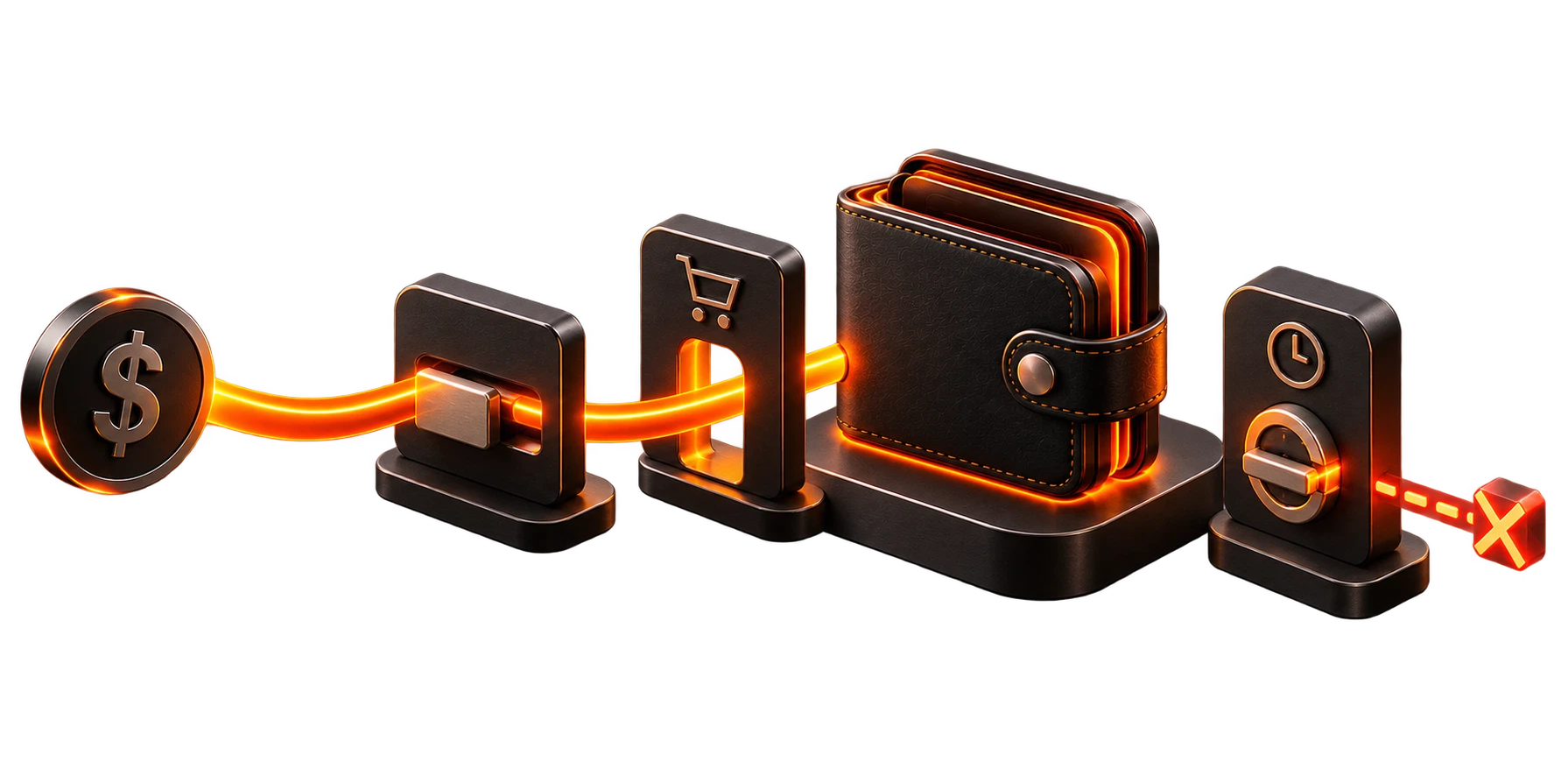 Money flowing past a spending limit, a shop and a wallet, with a time lock stopping a payment that breaks the rules: an AI agent spending within guardrails.
